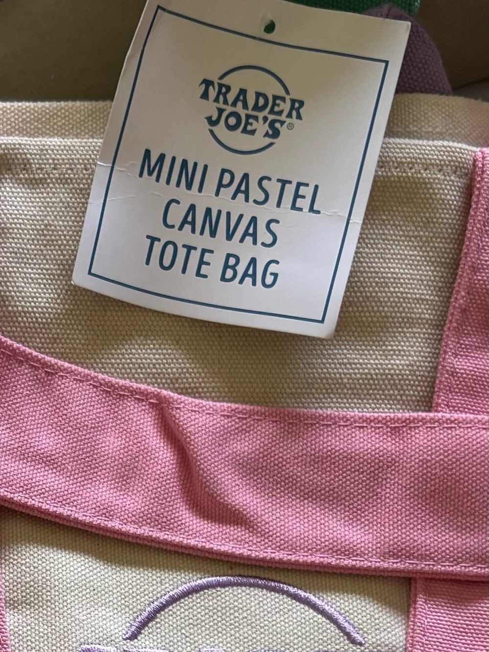 Set of 4 Trader Joe's Mini Pastel Canvas Tote Bags: pink, purple, blue, green - Picture 3 of 3